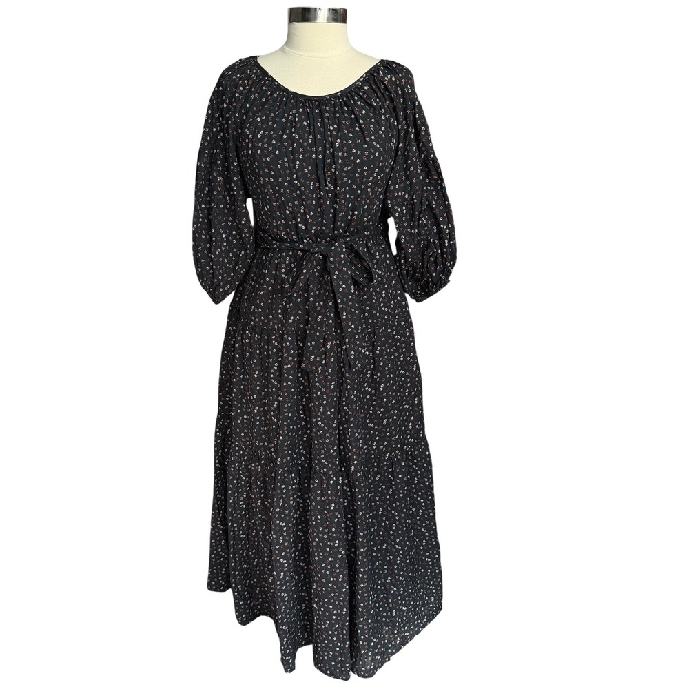 LAUDE the Label Maxi Dress Women Large Black Floral Organic Cotton Tiered Boho